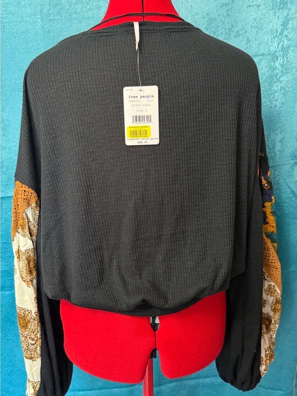 Free People Black Combo Waffle Knit Top